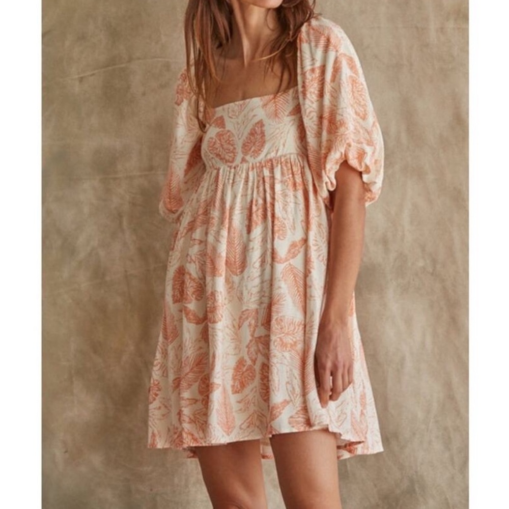 By Together Cream and Peach Leaf-Print Babydoll Dress